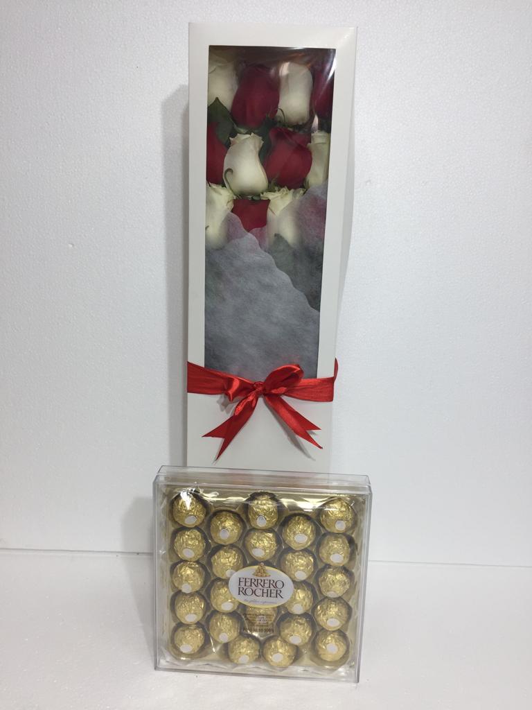  Caja con 12 Rosas y Bombones Ferrero Rocher 300 Gramos